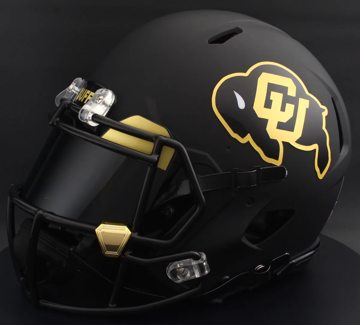 Colorado Buffaloes Riddell Replica Speed Football Helmet – Matte Black, Vegas Gold Brow Tabs and Gold Clips