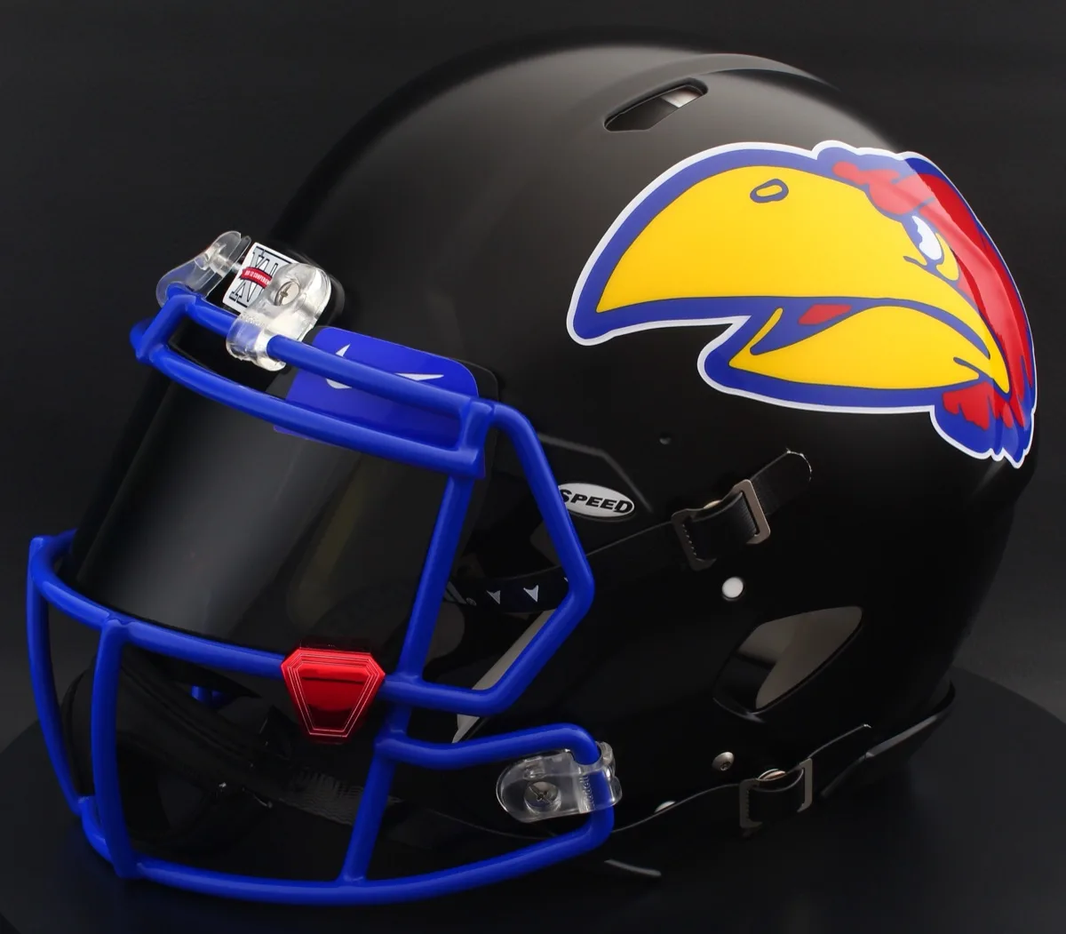 Kansas Jayhawks Riddell Authentic Speed Football Helmet – Black, Royal Blue Brow Tabs, and Red Chrome Clips