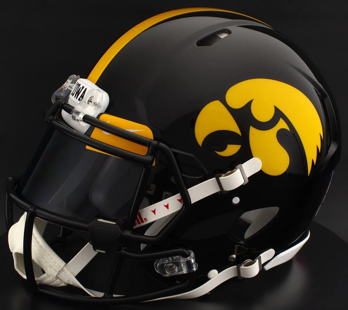 Iowa Hawkeyes Riddell Replica Speed Football Helmet – Black Tigerhawk, Black Visor, Yellow Brow Tabs, and Black Clips