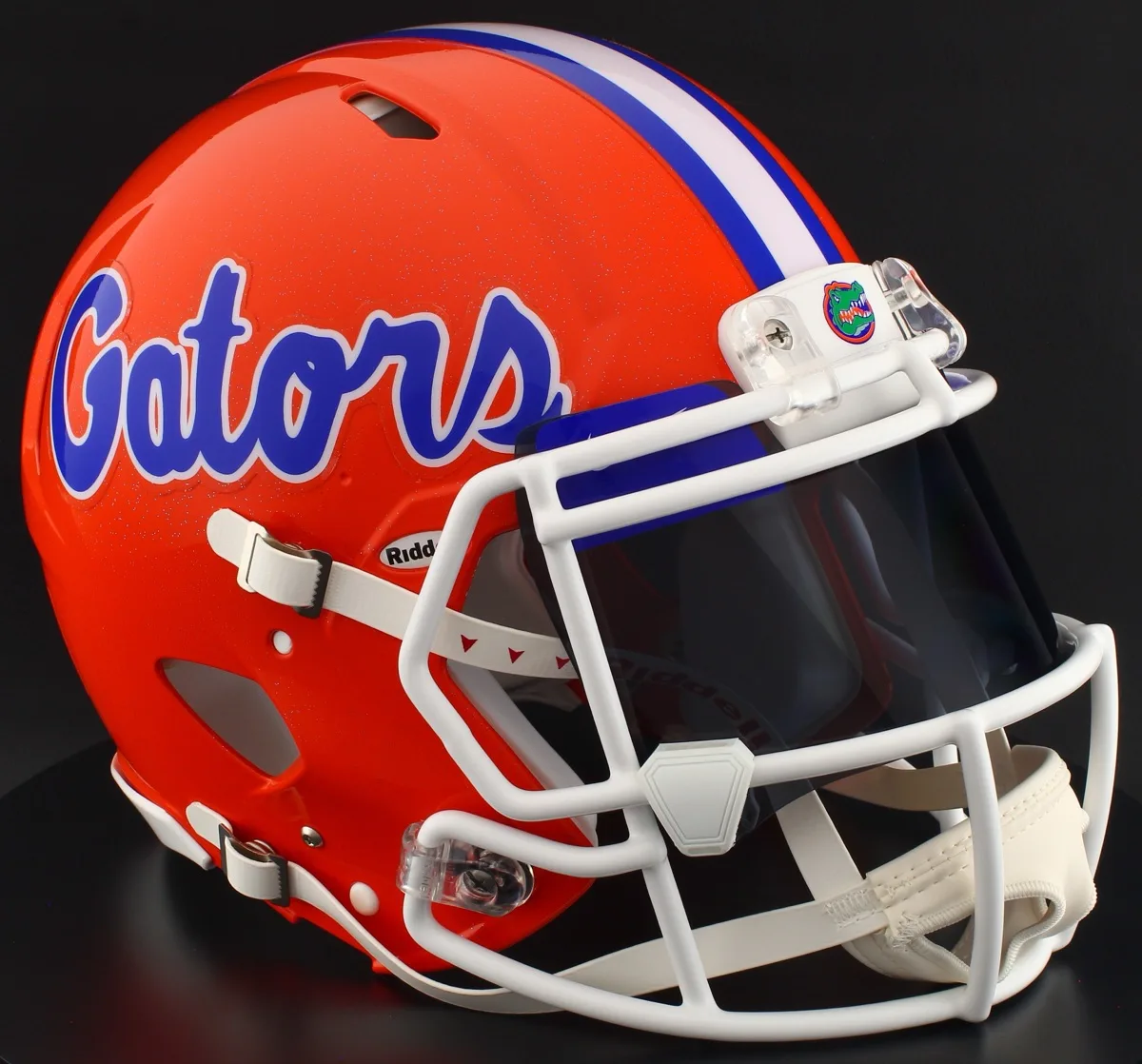 Florida Gators Riddell Authentic Speed Football Helmet – Orange GATORS, Black Visor, Royal Blue Brow Tabs, and Orange Clips