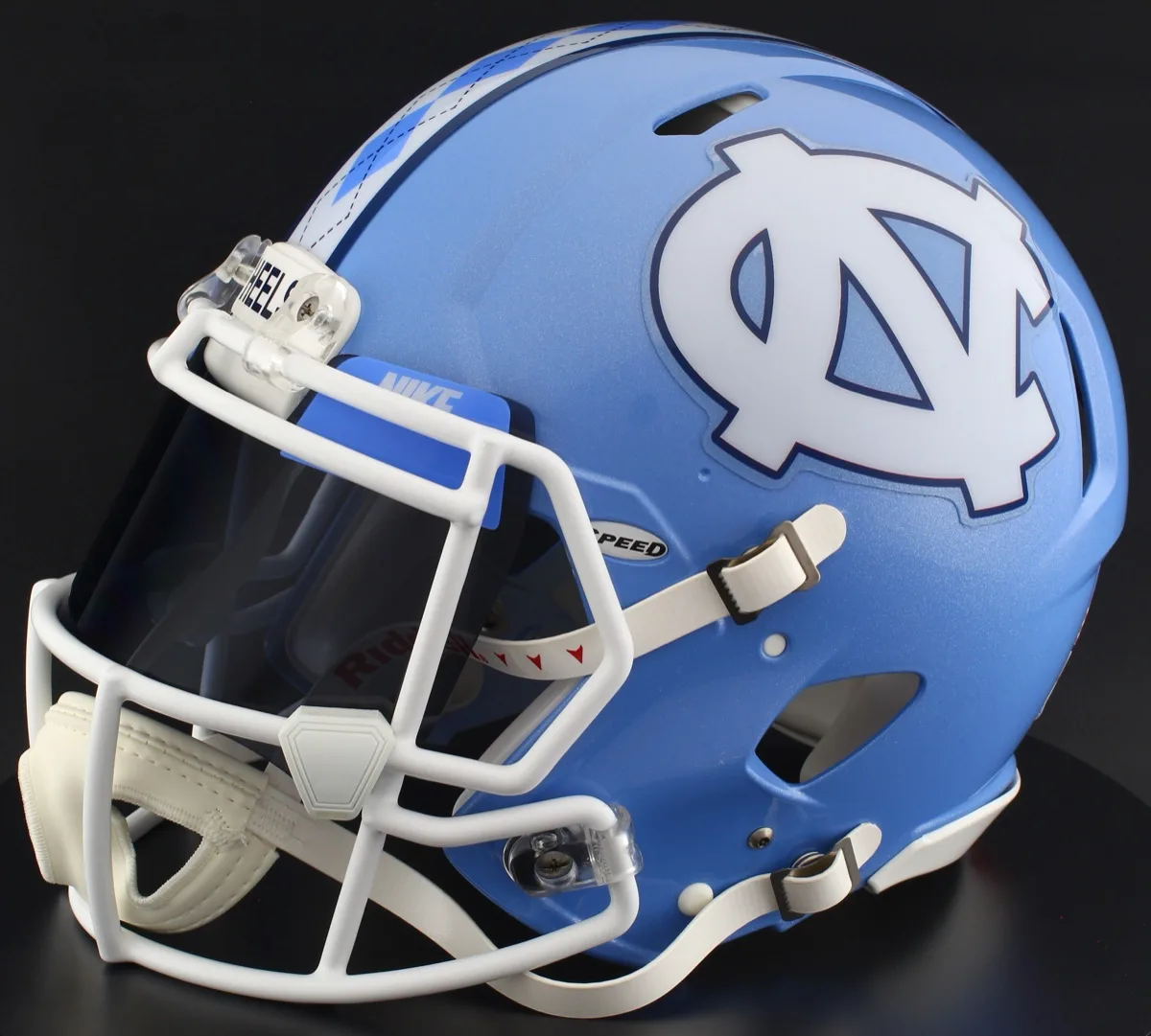 North Carolina Tar Heels Riddell Authentic Speed Football Helmet – Carolina Blue Interlocking NC, Black Visor, Powder Blue Brow Tabs, and White Clips