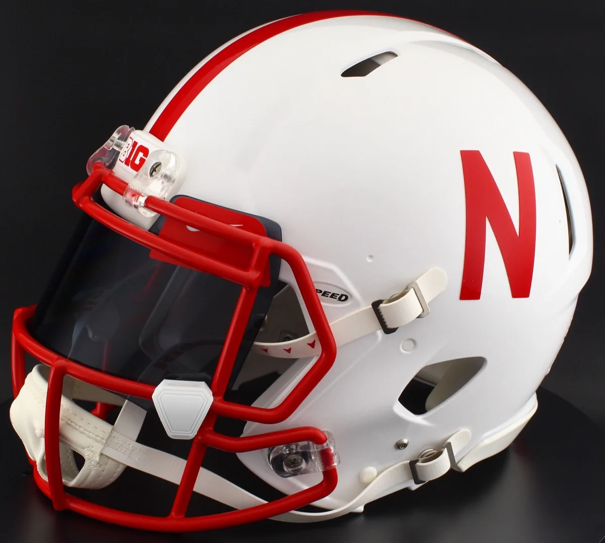 Nebraska Cornhuskers Riddell Authentic Speed Football Helmet – White Metallic, Red Brow Tabs, and White Clips