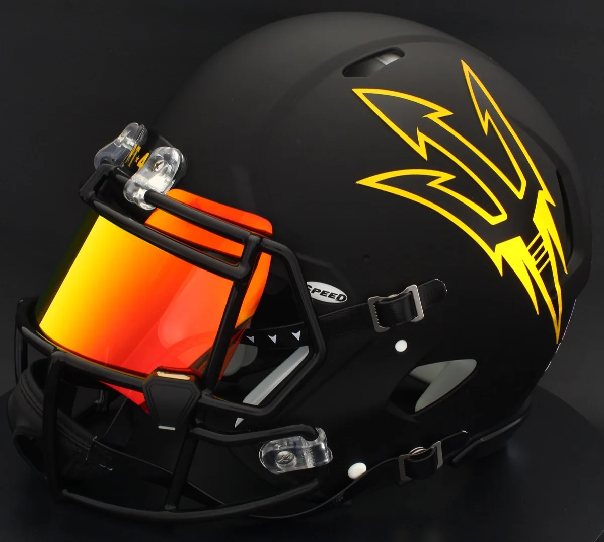 Arizona State Sun Devils Riddell Replica Speed Football Helmet – Satin Black, Dark Orange Brow Tabs, and Gold Chrome Clips