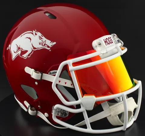 Arkansas Razorbacks Riddell Replica Speed Football Helmet – Red Razorback, White Factory Mask, Torch Visor, and White Clips