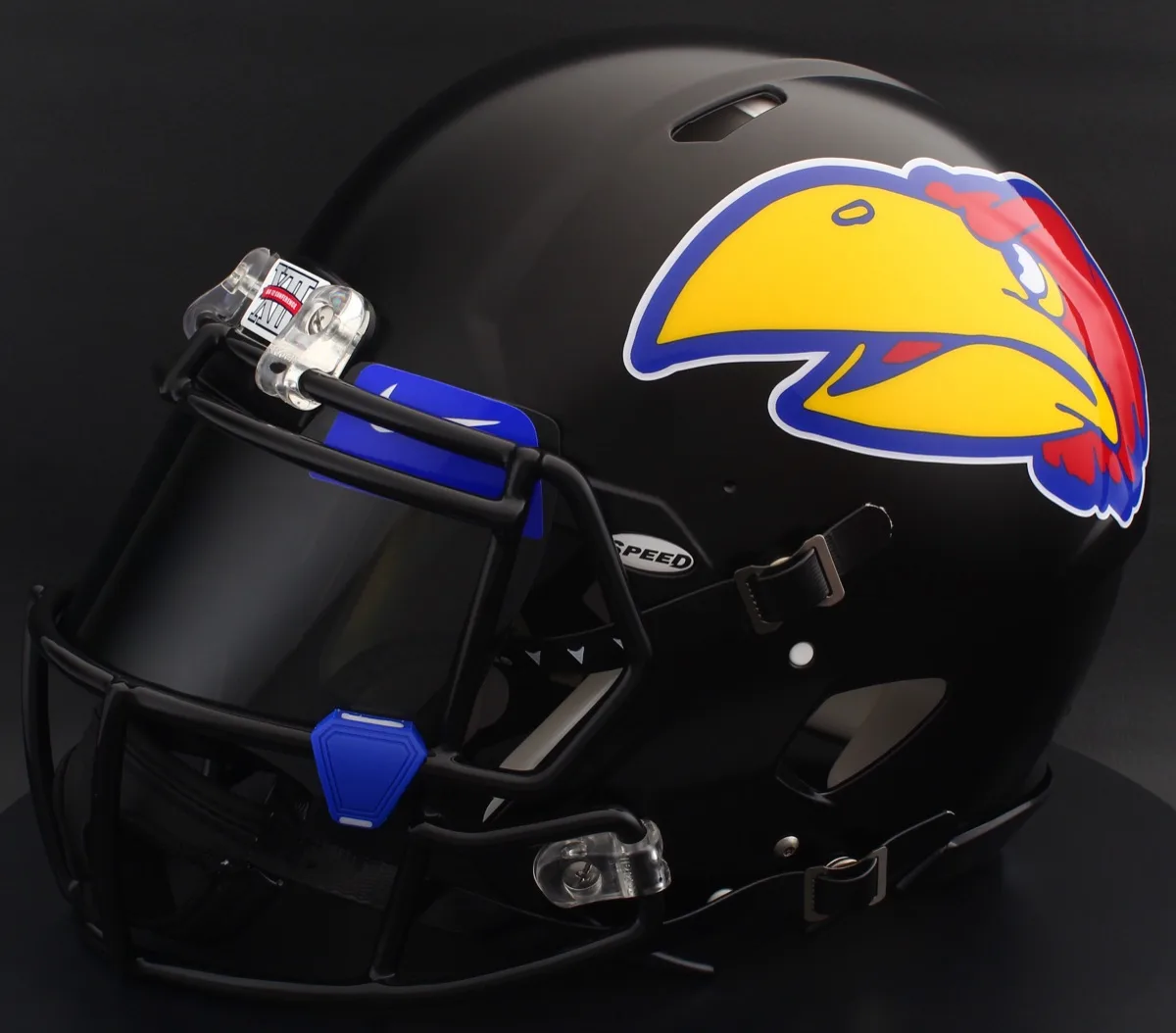 Kansas Jayhawks Riddell Authentic Speed Football Helmet – Black, Black Visor, Royal Blue Brow Tabs, and Dark Royal Blue Clips