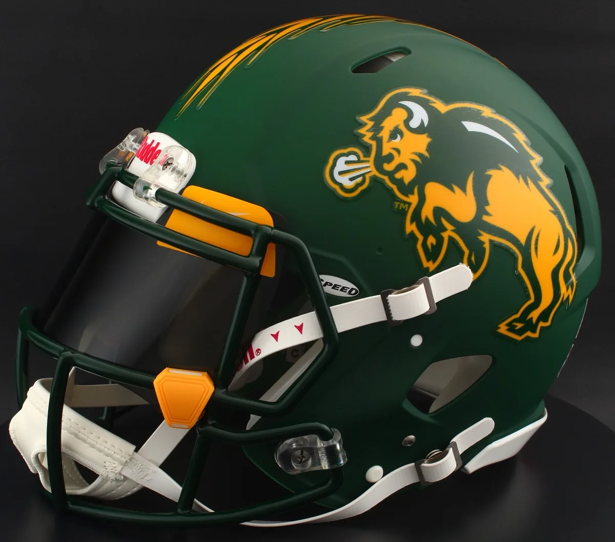 North Dakota State Bison Riddell Authentic Speed Football Helmet – Flat Green, Black Visor, Yellow Brow Tabs, and Yellow Clips