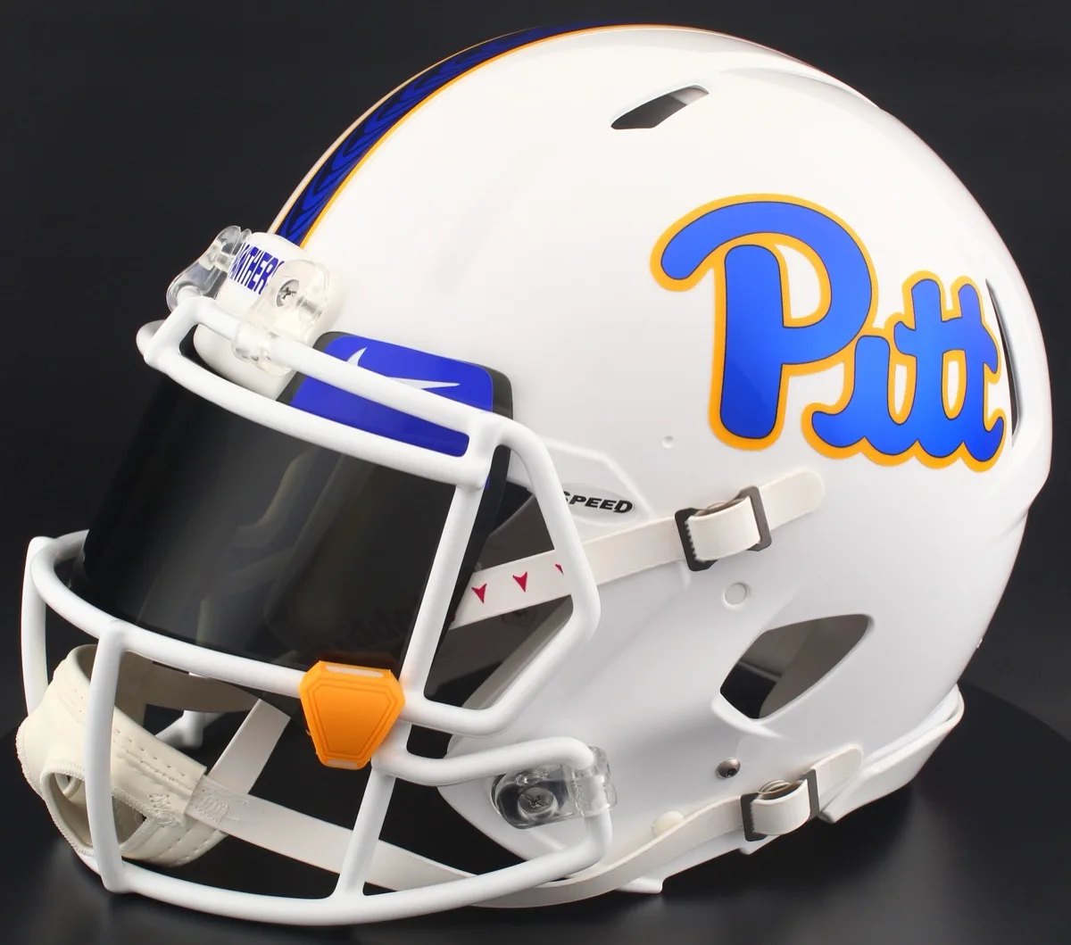 Pittsburgh Panthers Riddell Authentic Speed Football Helmet – White, Black Visor, Royal Blue Brow Tabs, and Yellow Clips