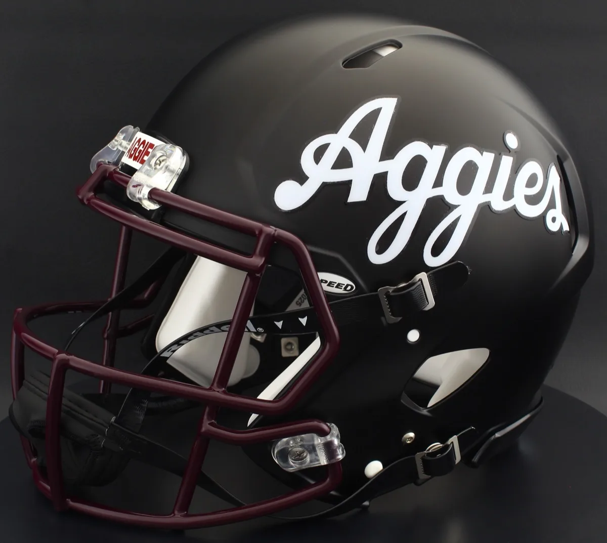 New Mexico State Aggies Riddell Authentic Speed Football Helmet – Matte Black Script Aggies, Maroon Facemask