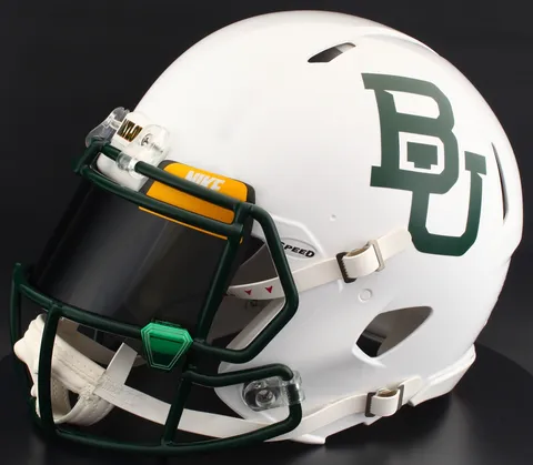 Baylor Bears Riddell Authentic Speed Football Helmet – White Metallic, Black Visor, Yellow Brow Tabs, and Green Chrome Clips