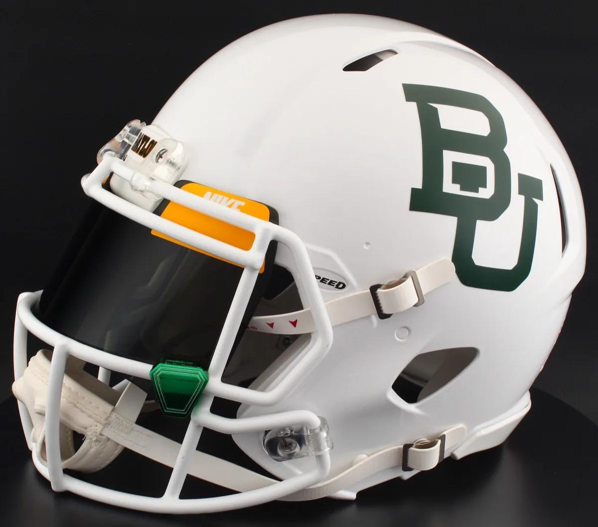 Baylor Bears Riddell Authentic Speed Football Helmet – White Metallic, Black Visor, Yellow Brow Tabs, and Green Chrome Clips