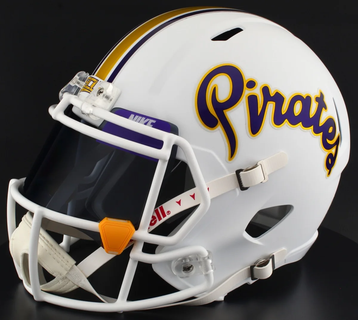 East Carolina Pirates Riddell Authentic Speed Football Helmet – White Alternate PIRATES, White Facemask, Black Visor, Purple Brow Tabs, and Yellow Clips