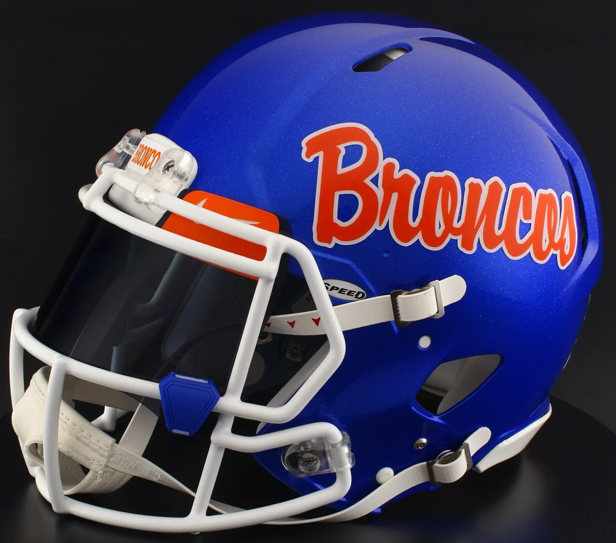Boise State Broncos Riddell Authentic Speed Football Helmet – Script, Black Visor, Dark Orange Brow Tabs, and Dark Royal Blue Clips