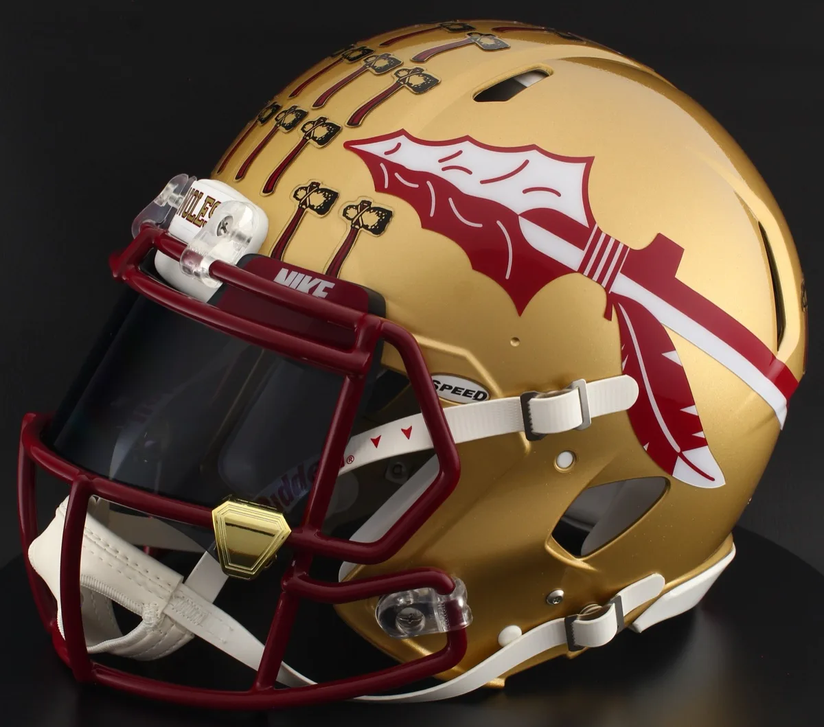 Florida State Seminoles Riddell Authentic Speed Football Helmet – Metallic Paint, Cardinal Factory Mask, Black Visor, Cardinal Brow Tabs, and Gold Chrome Clips