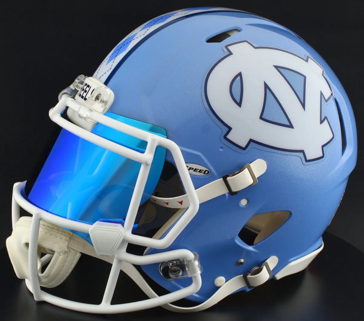 North Carolina Tar Heels Riddell Authentic Speed Football Helmet – Carolina Blue Interlocking NC, White Factory Mask, Ice Blue Visor, and White Clips