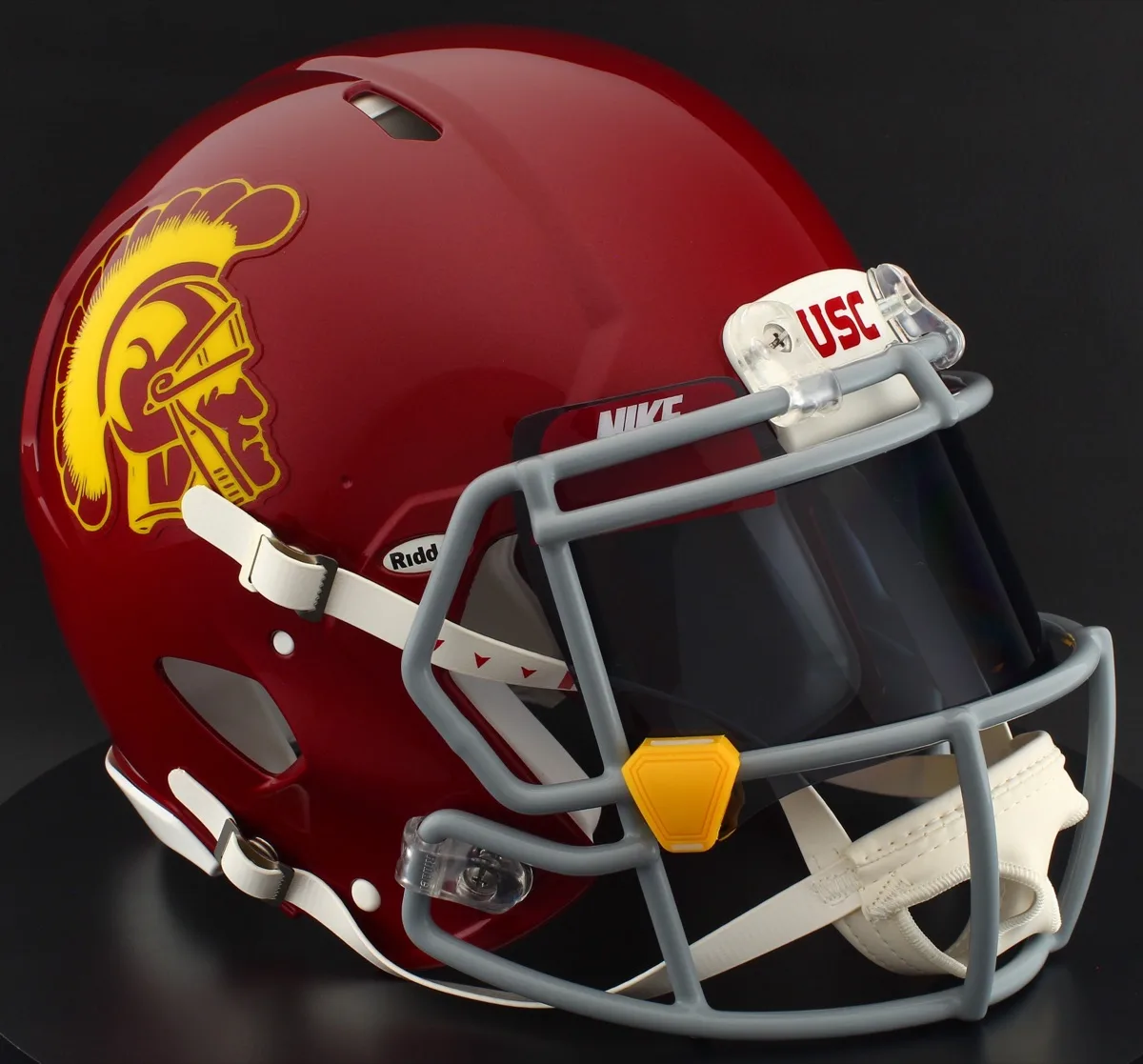 USC Trojans Riddell Authentic Speed Football Helmet – Cardinal Trojan, Gray Factory Mask, Black Visor, Cardinal Brow Tabs, and Cardinal Clips