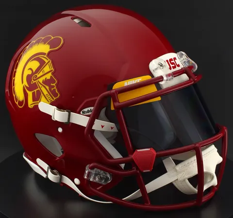 USC Trojans Riddell Authentic Speed Football Helmet – Cardinal Trojan, Cardinal Mask, Black Visor, Yellow Brow Tabs, and Cardinal Clips