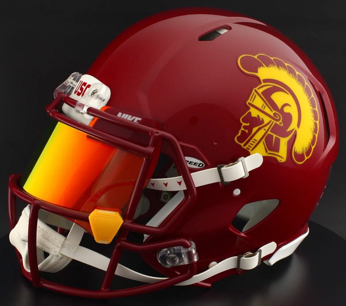 USC Trojans Riddell Authentic Speed Football Helmet – Cardinal Trojan, Cardinal Mask, Torch Visor, and Yellow Clips