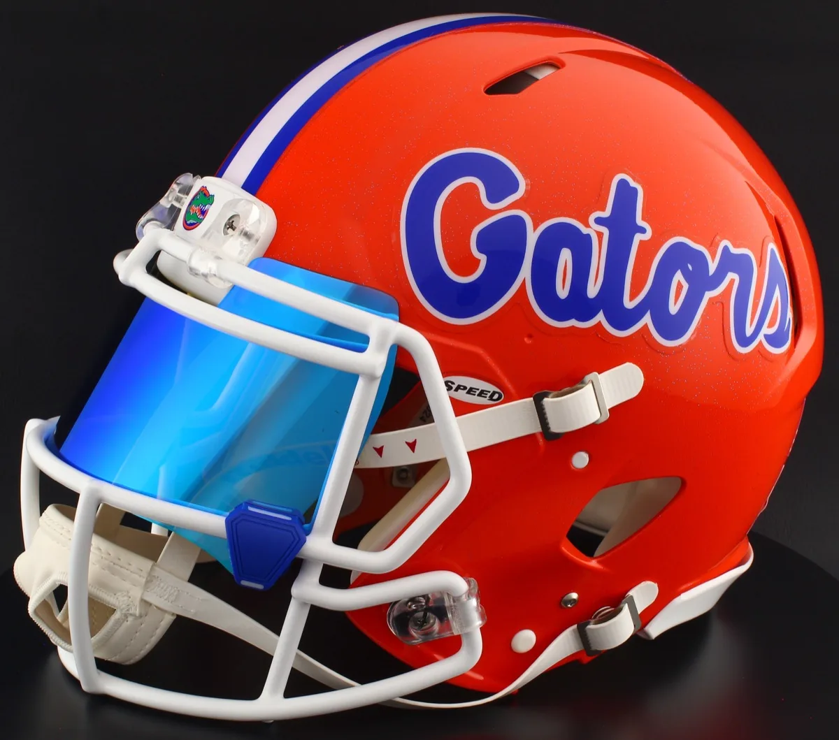 Florida Gators Riddell Replica Speed Football Helmet – Orange GATORS, White Factory Mask, Ice Blue Visor, and Royal Blue Clips