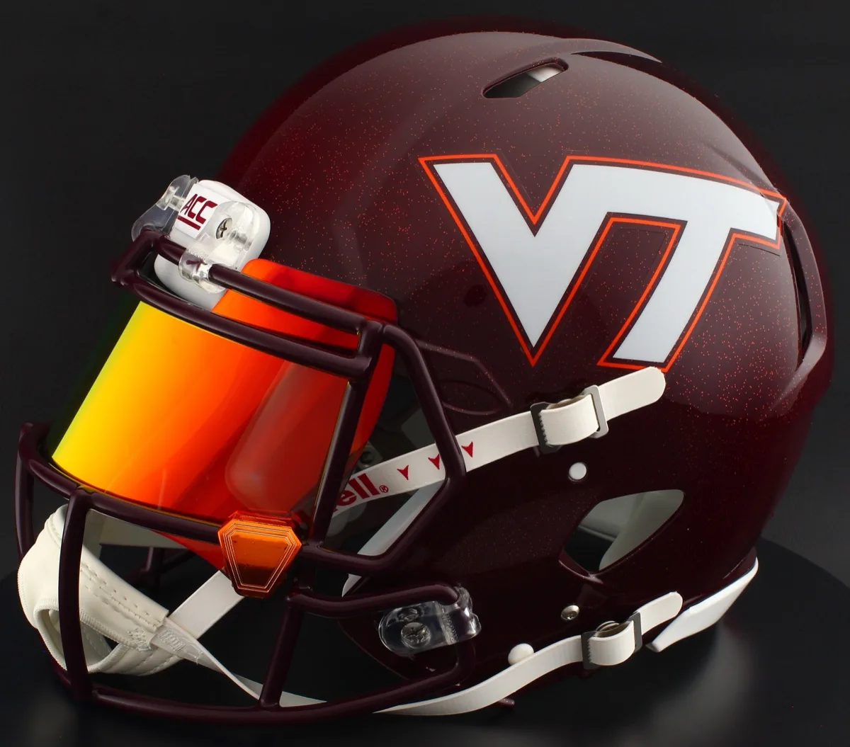 Virginia Tech Hokies Riddell Replica Speed Football Helmet – Maroon, Maroon Mask, Torch Visor, and Orange Chrome Clips