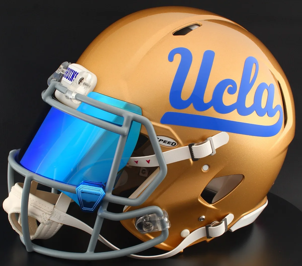 UCLA Bruins Riddell Authentic Speed Football Helmet – Gold Script UCLA, Gray Mask, Ice Blue Visor, and Blue Chrome Clips