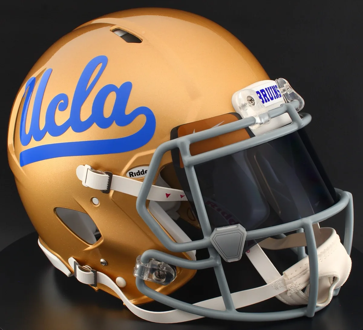 UCLA Bruins Riddell Authentic Speed Football Helmet – Gold Script UCLA, Gray Mask, Black Visor, Old Gold Brow Tabs, and Gray Clips