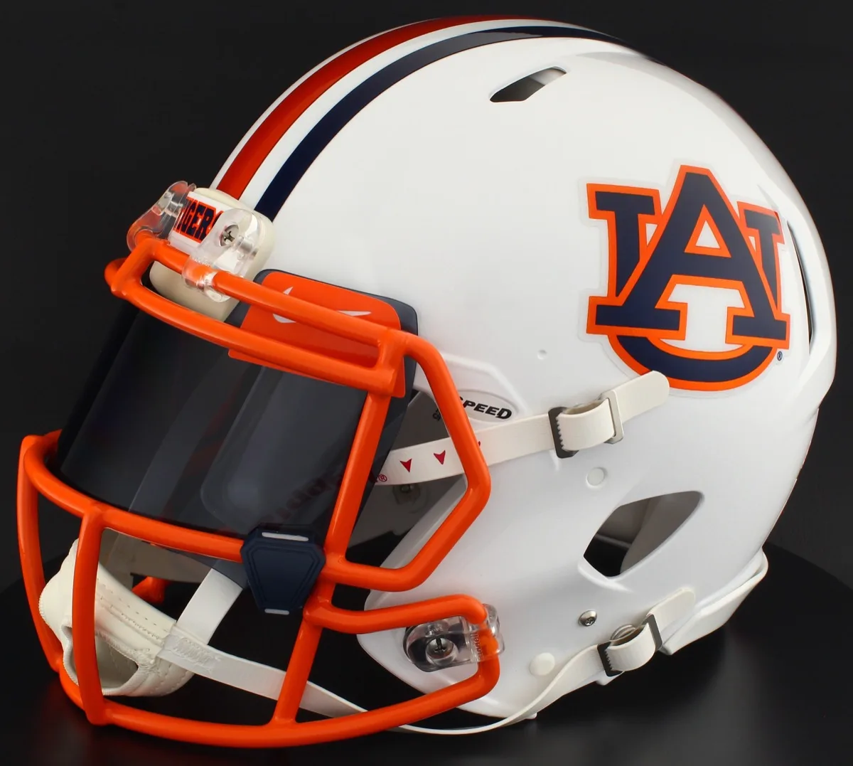 Auburn Tigers Riddell Authentic Speed Football Helmet – White AU, Burnt Orange Mask, Black Visor, Dark Orange Brow Tabs, and Navy Blue Clips