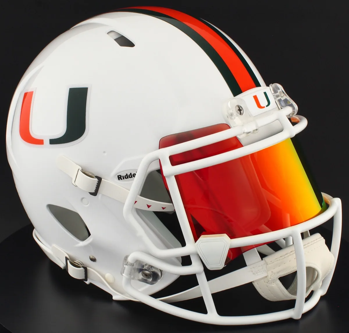 Miami Hurricanes Riddell Authentic Speed Football Helmet – White U, White Factory Mask, Torch Visor, and White Clips