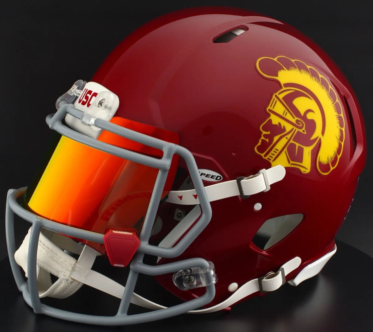 USC Trojans Riddell Replica Speed Football Helmet – Cardinal Trojan, Gray Factory Mask, Torch Visor, and Cardinal Clips