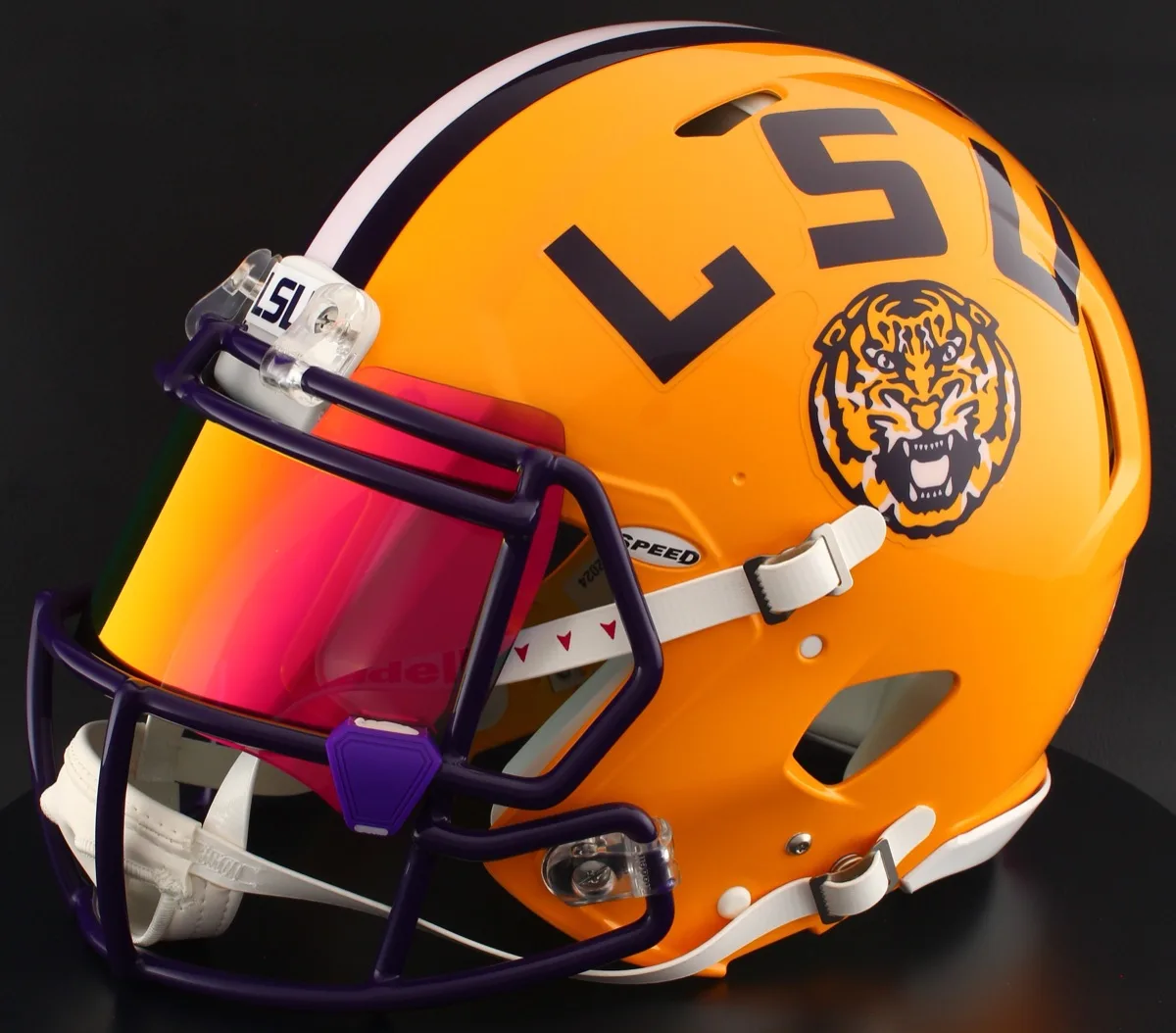 LSU Tigers Riddell Replica Speed Football Helmet – Gold LSU Tiger, Purple Factory Mask, Torch Visor, and Purple Clips