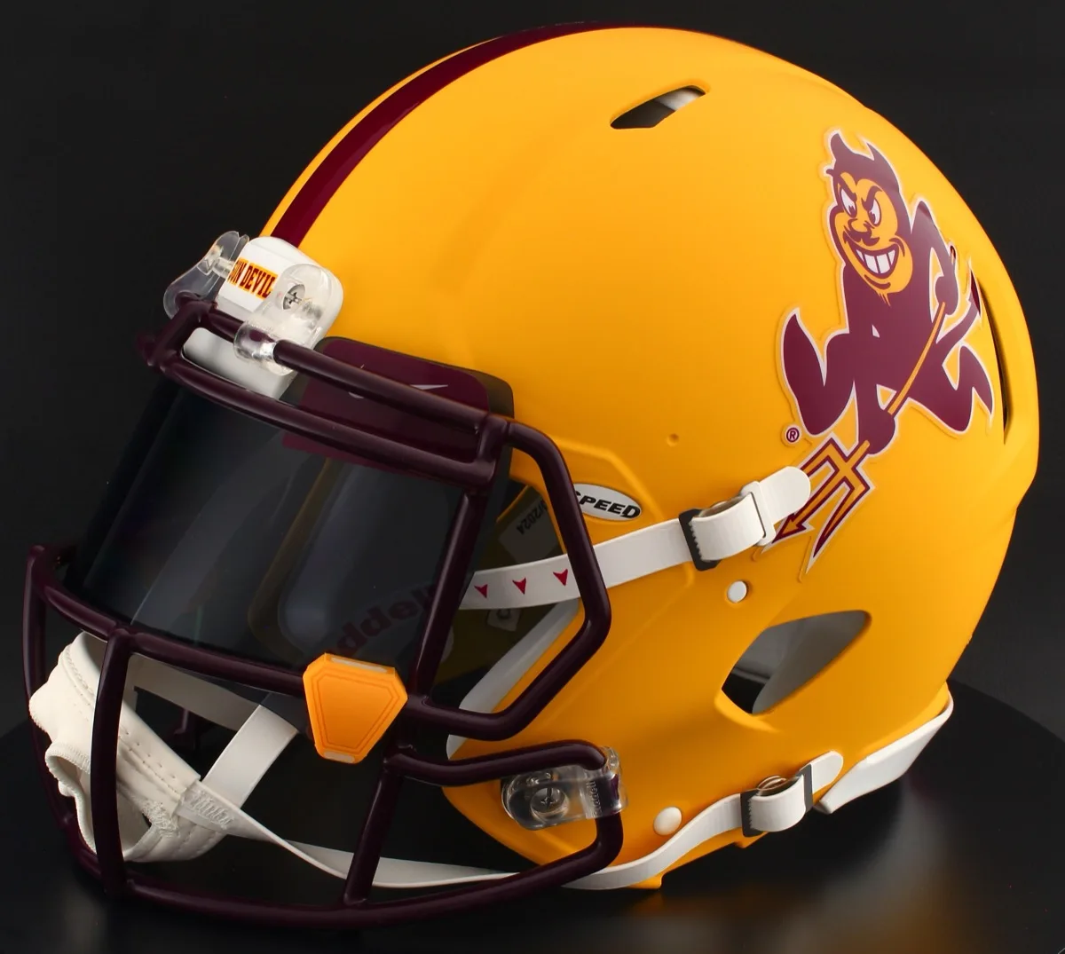 Arizona State Sun Devils Riddell Replica Speed Football Helmet – Satin Yellow Sparky, Maroon Factory Mask, Black Visor, Maroon Brow Tabs, and Yellow Clips