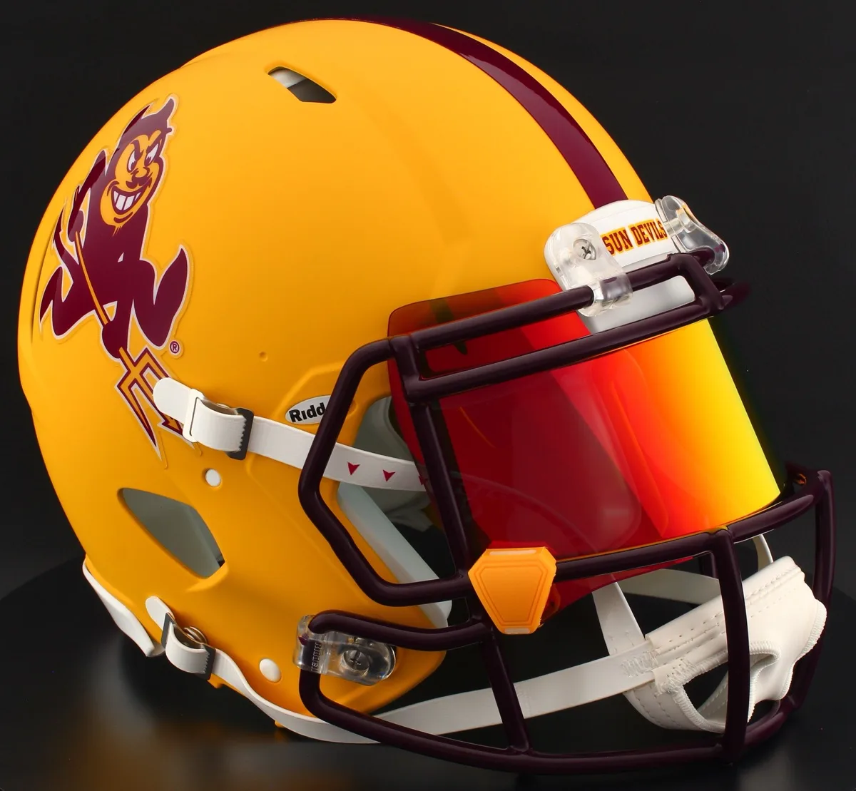Arizona State Sun Devils Riddell Authentic Speed Football Helmet – Flat Yellow Sparky, Maroon Factory Mask, Torch Visor, and Yellow Clips