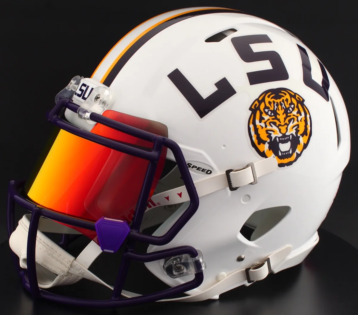 LSU Tigers Riddell Replica Speed Football Helmet – White, Purple Factory Mask, Torch Visor, and Purple Clips