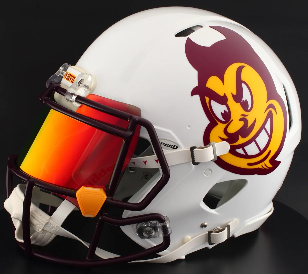 Arizona State Sun Devils Riddell Replica Speed Football Helmet – Sparky 2023, Maroon Factory Mask, Torch Visor, and Yellow Clips