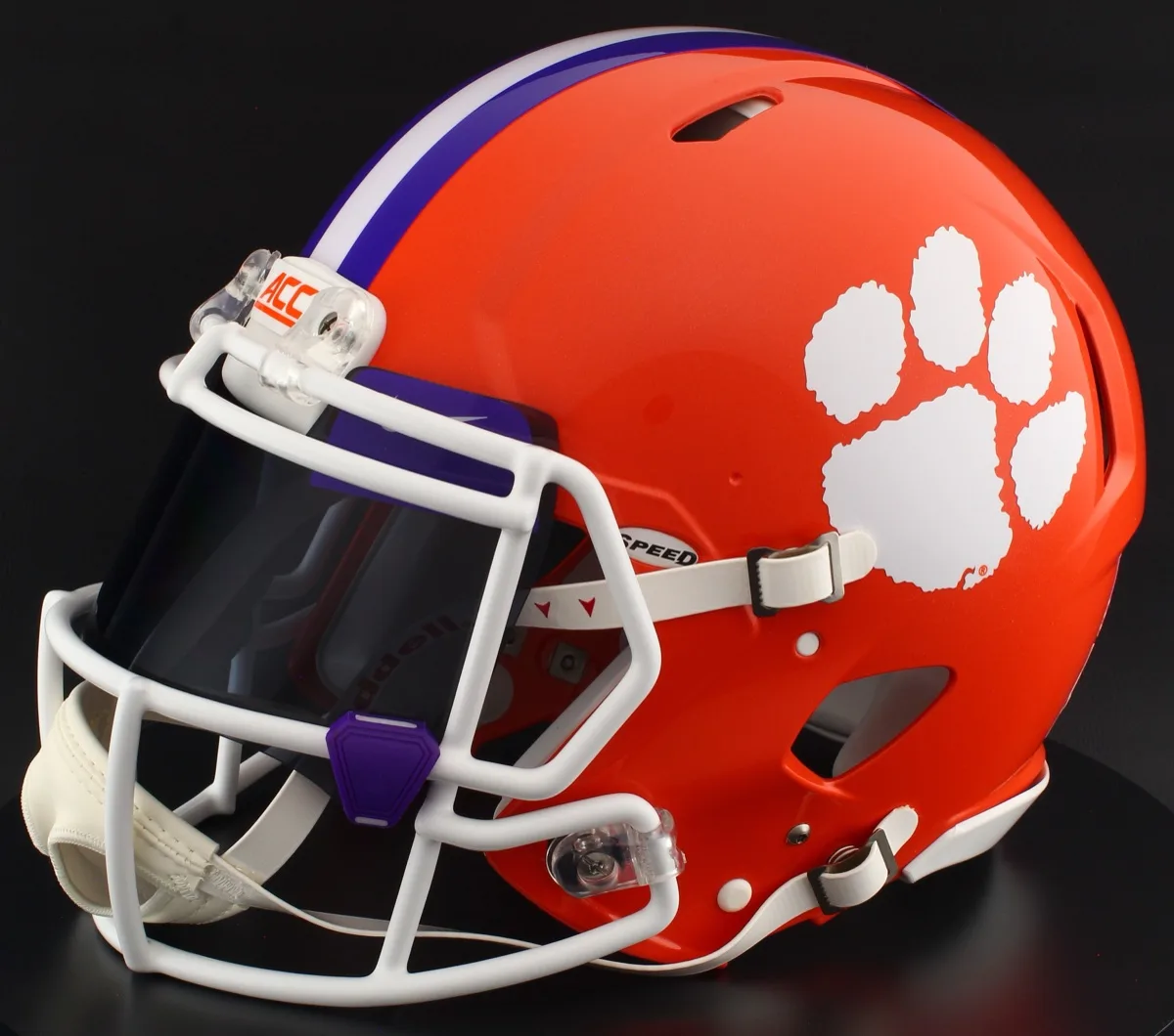 Clemson Tigers Riddell Replica Speed Football Helmet – White Factory Mask, Black Visor, Purple Brow Tabs, and Purple Clips