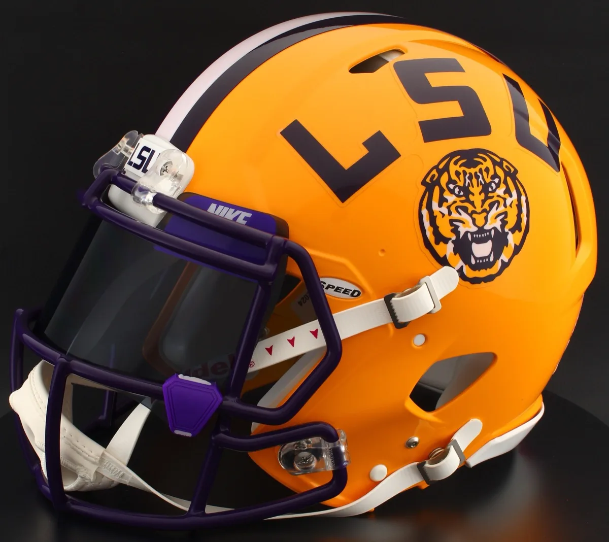 LSU Tigers Riddell Authentic Speed Football Helmet – Gold LSU Tiger, Purple Factory Mask, Black Visor, Purple Brow Tabs, and Purple Clips