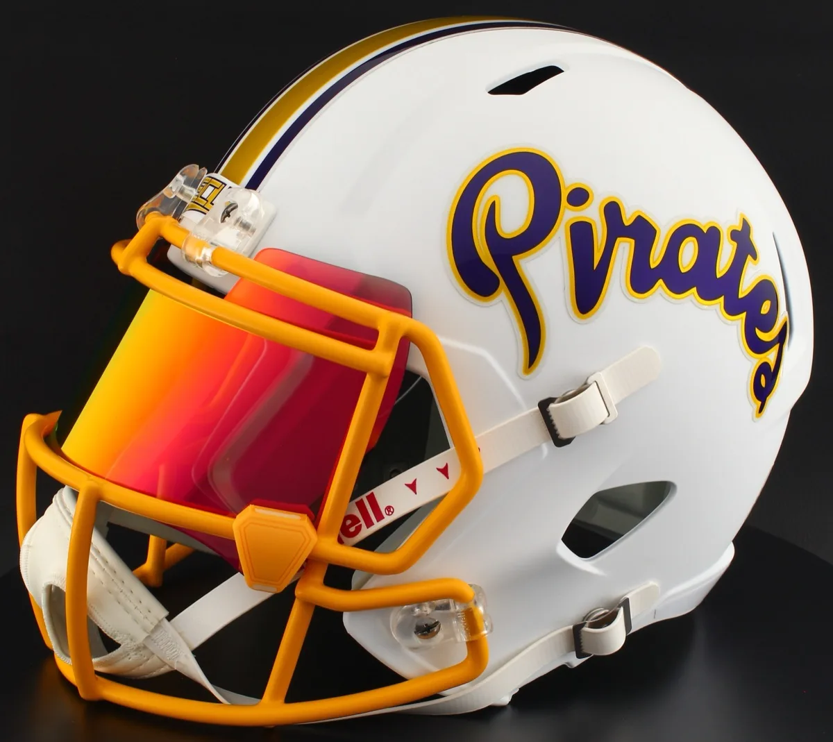 East Carolina Pirates Riddell Authentic Speed Football Helmet – White PIRATES Script, Yellow Factory Mask, Torch Visor, and Yellow Clips