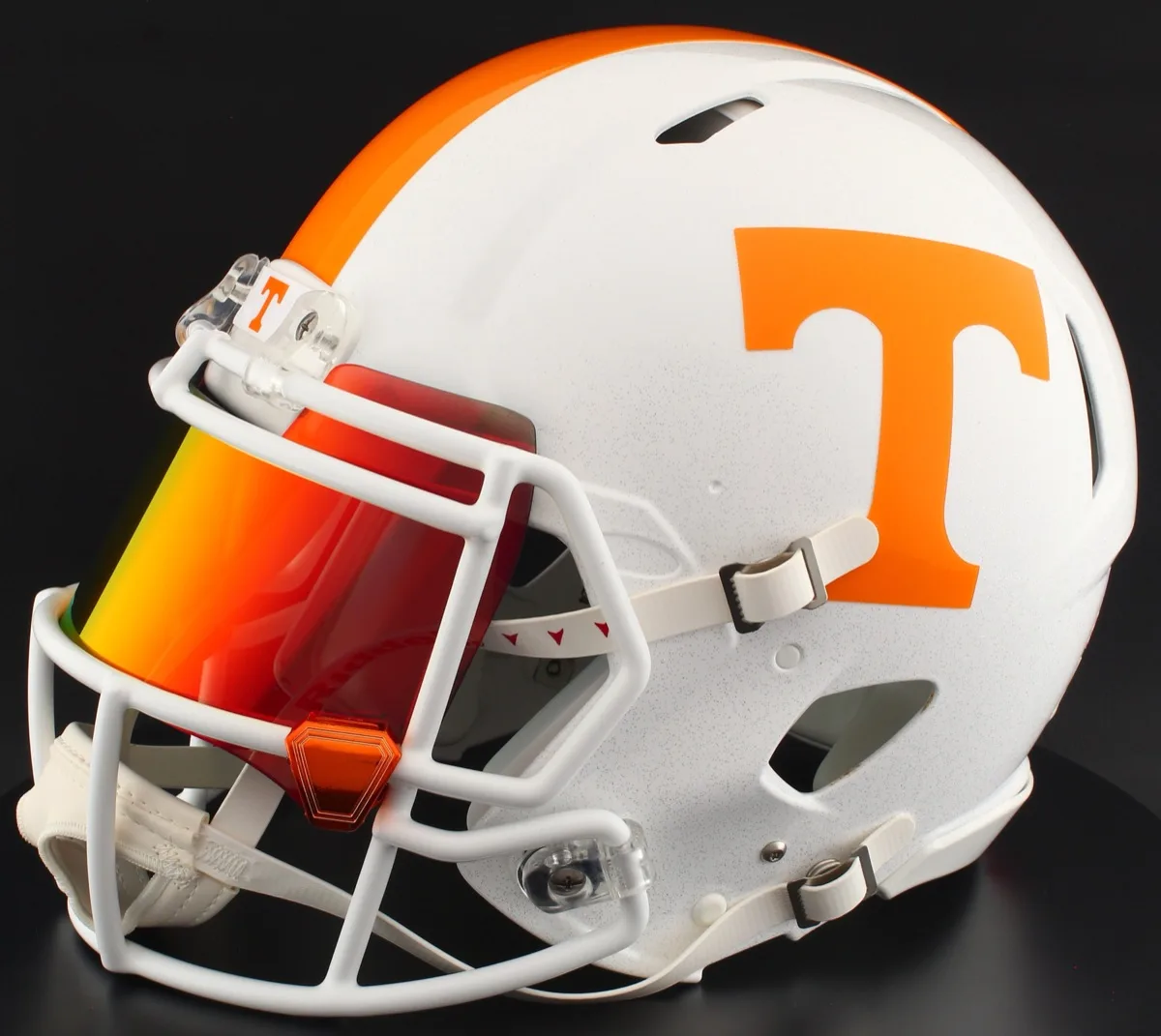 Tennessee Volunteers Riddell Authentic Speed Football Helmet – White Block T, White Factory Mask, Torch Visor, and Orange Chrome Clips