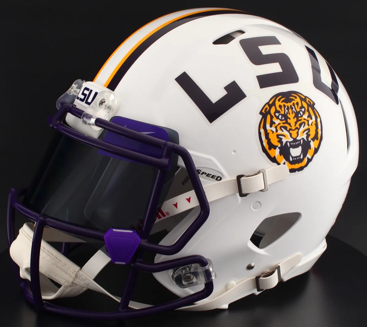 LSU Tigers Riddell Authentic Speed Football Helmet – White, Purple Factory Mask, Black Visor, Purple Brow Tabs, and Purple Clips