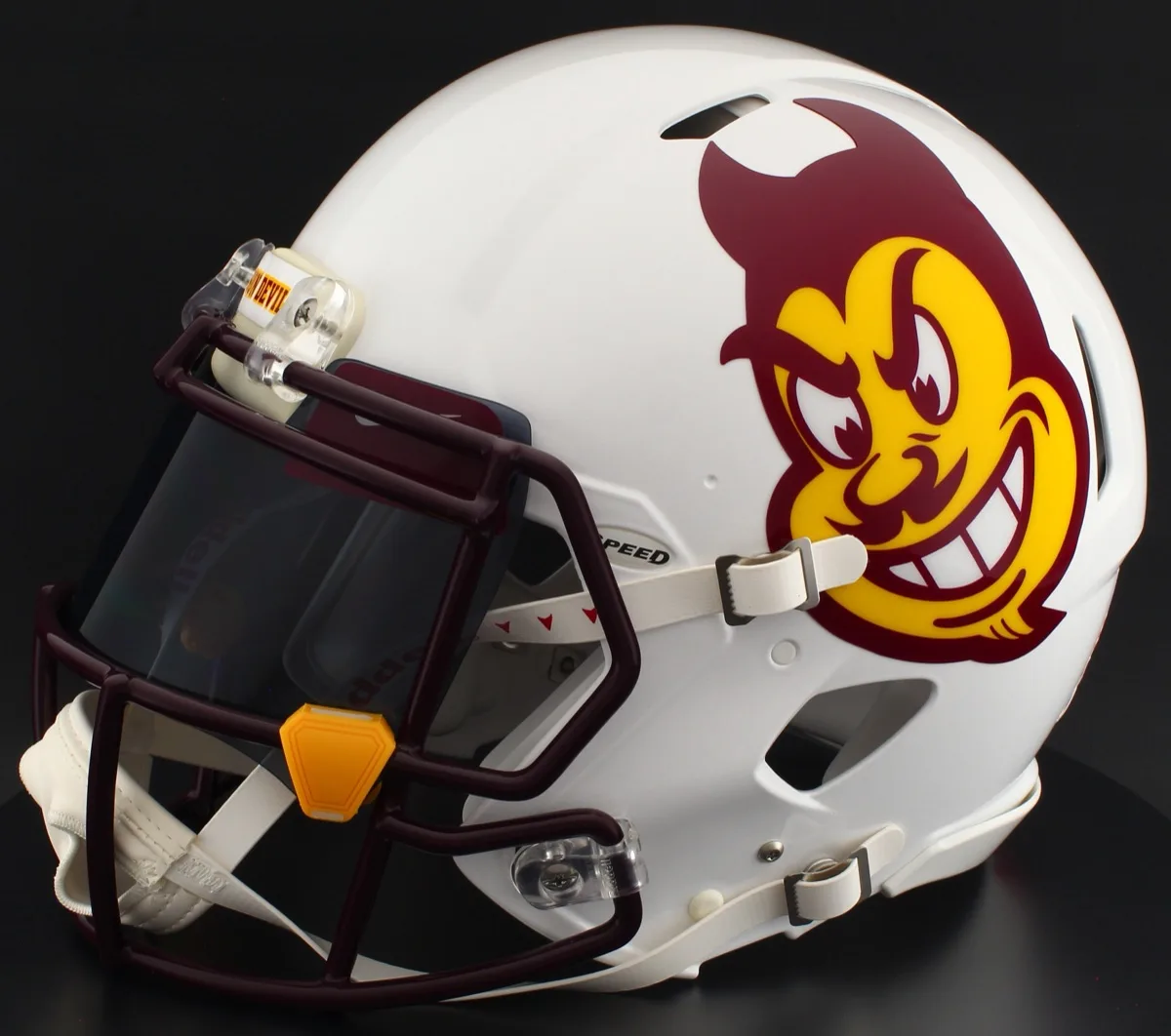 Arizona State Sun Devils Riddell Replica Speed Football Helmet – Sparky 2023, Maroon Factory Mask, Black Visor, Maroon Brow Tabs, and Yellow Clips