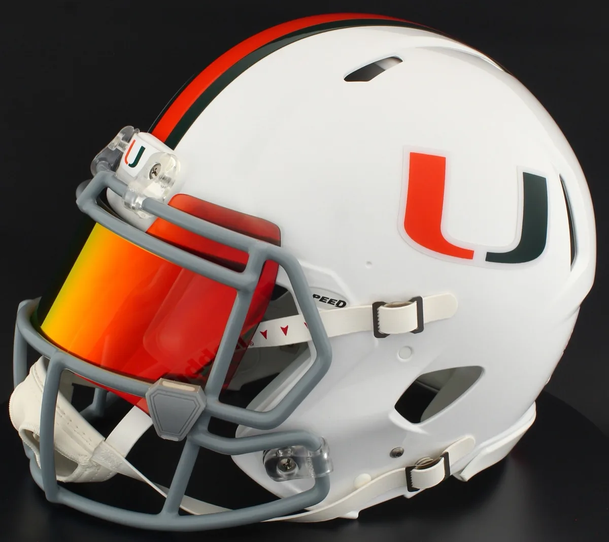 Miami Hurricanes Riddell Authentic Speed Football Helmet – White U, Light Gray Mask, Torch Visor, and Gray Clips