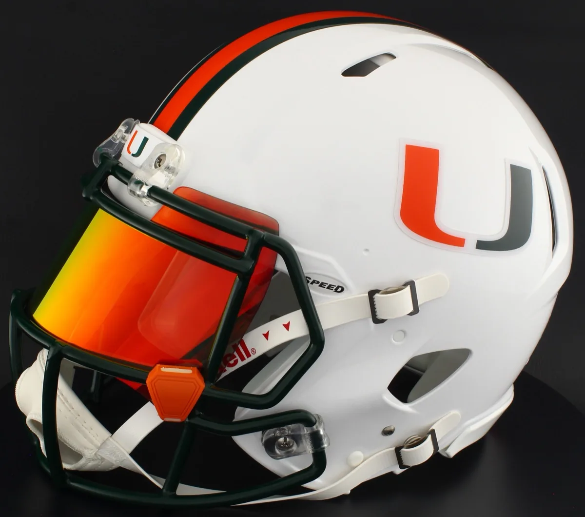 Miami Hurricanes Riddell Authentic Speed Football Helmet – White U, Dark Green Mask, Torch Visor, and Orange Chrome Clips