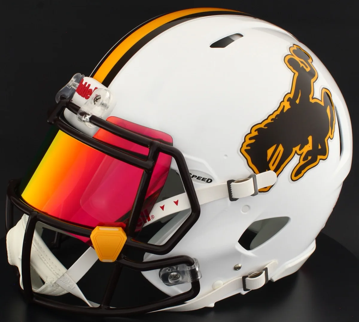 Wyoming Cowboys Riddell Replica Speed Football Helmet – White Steamboat, Brown Factory Mask, Torch Visor, and Yellow Clips