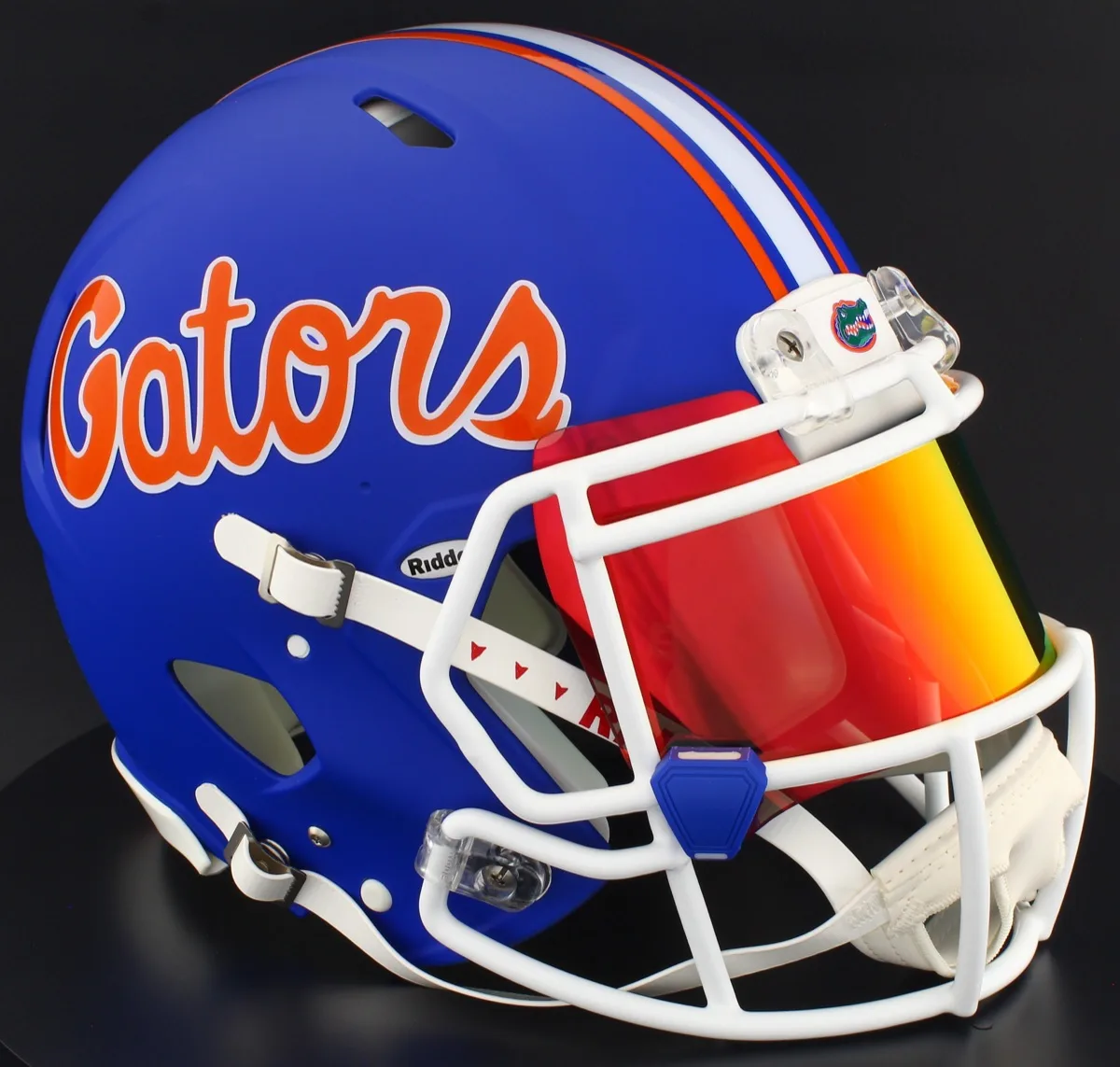 Florida Gators Riddell Authentic Speed Football Helmet – Matte Blue, White Factory Mask, Torch Visor, and Dark Royal Blue Clips