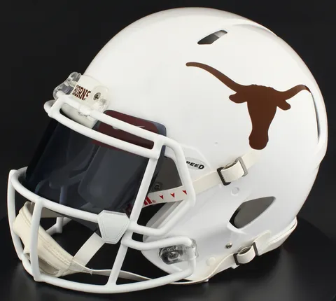 Texas Longhorns Riddell Authentic Speed Football Helmet – White Longhorn, White Factory Mask, Black Visor, Texas Orange Brow Tabs, and White Clips