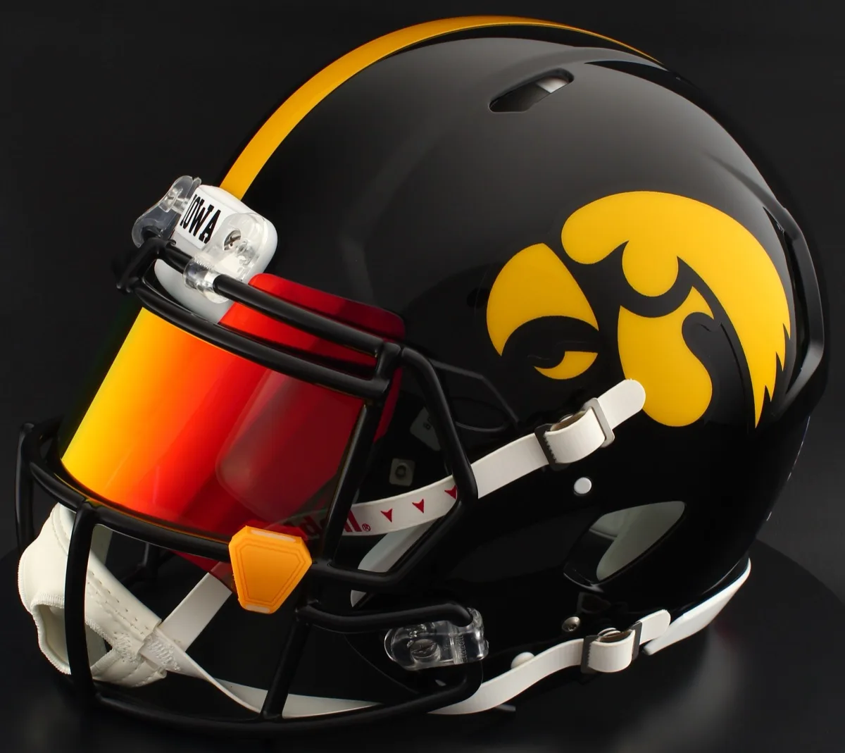 Iowa Hawkeyes Riddell Replica Speed Football Helmet – Black Tigerhawk, Black Factory Mask, Torch Visor, and Yellow Clips