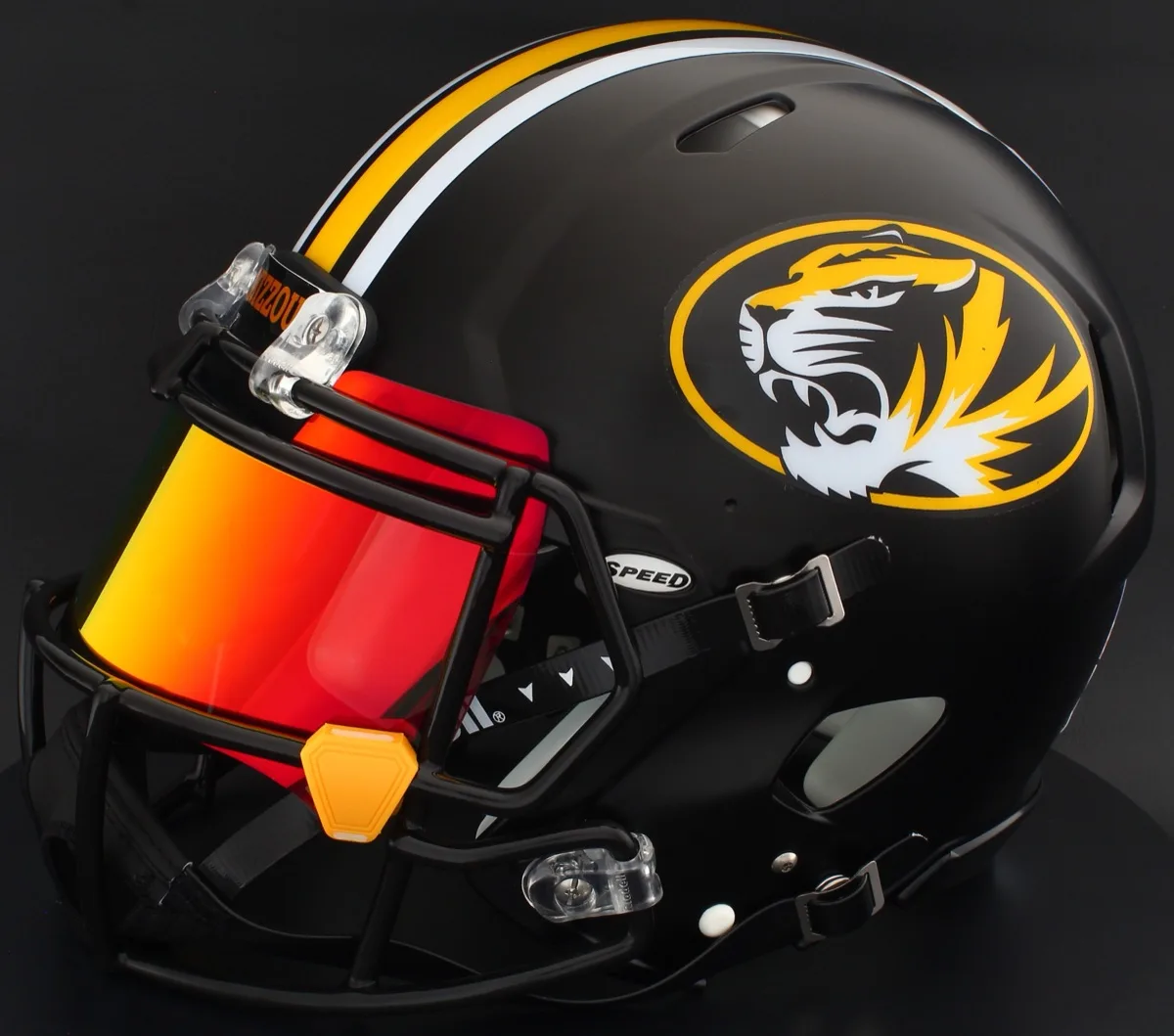 Missouri Tigers Riddell Authentic Speed Football Helmet – Anodized Black, Black Factory Mask, Torch Visor, and Yellow Clips