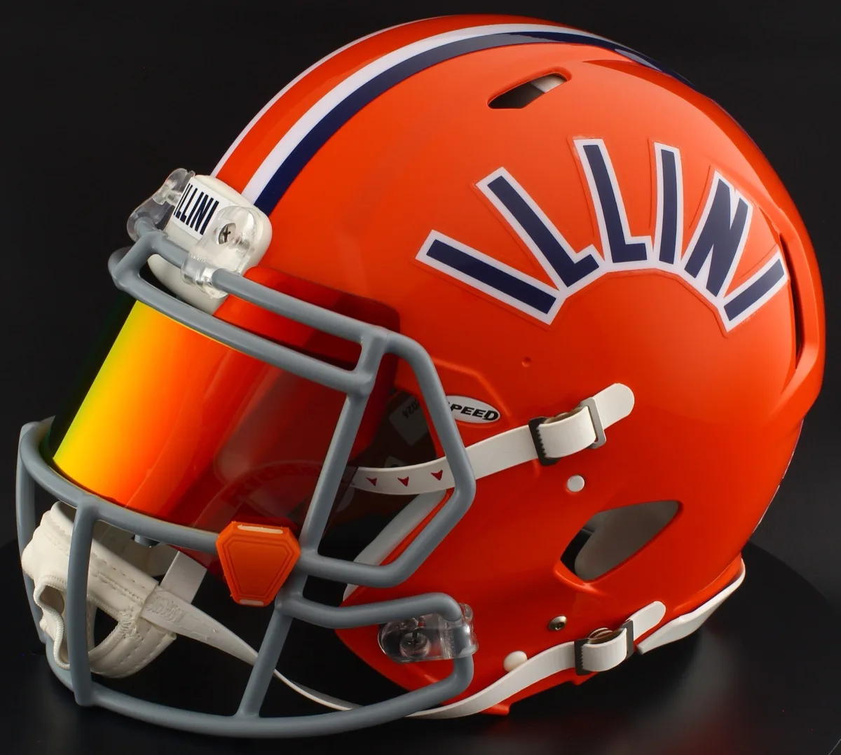 Illinois Fighting Illini Riddell Authentic Speed Football Helmet – 1971 to 1987, Light Gray Factory Mask, Torch Visor, and Orange Clips