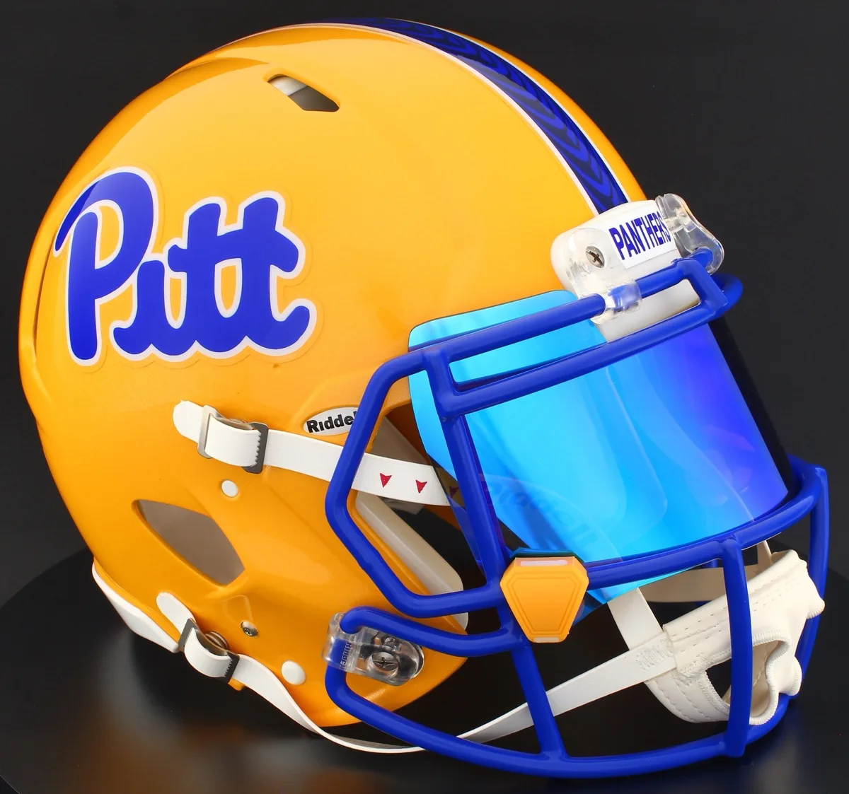 Pittsburgh Panthers Riddell Authentic Speed Football Helmet – Gold, Ice Blue Visor, and Yellow Clips