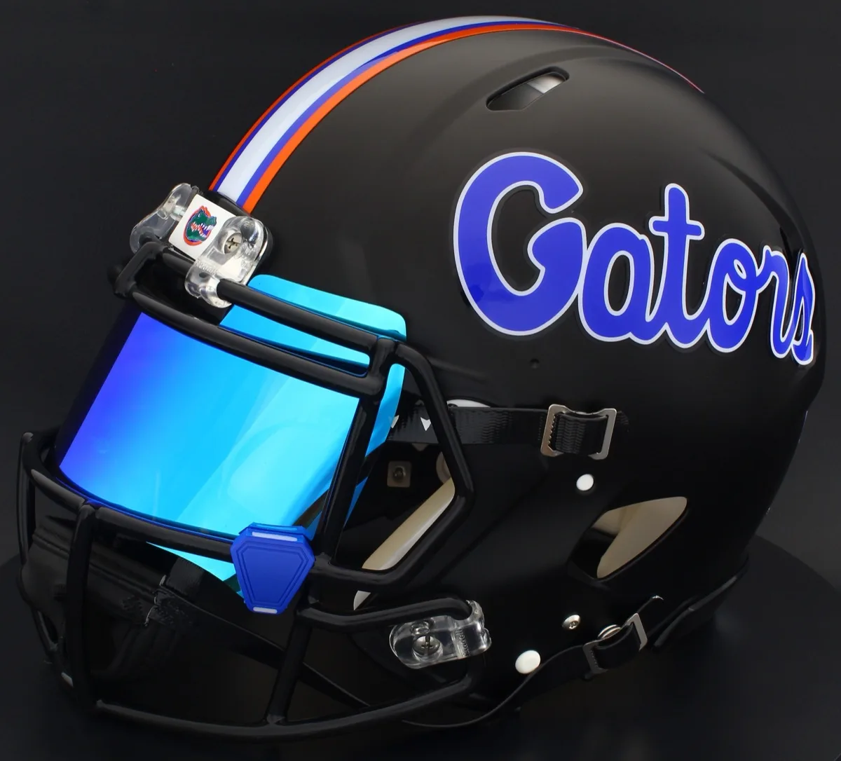 Florida Gators Riddell Replica Speed Football Helmet – Satin Black, Black Factory Mask, Ice Blue Visor, and Dark Royal Blue Clips