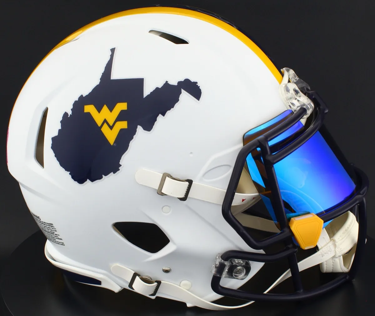 West Virginia Mountaineers Riddell Authentic Speed Football Helmet – Backyard Brawl, Navy Factory Mask, Ice Blue Visor, and Yellow Clips